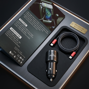 Altiq Dual Port Fast Car Charger with USB-C and USB-A output ports, designed for rapid vehicle charging by Aanya Enterprise.